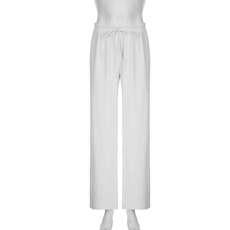 Beachy Wide-Leg Pants Soft Flowy Solid Color Women's Trousers Elastic Waist Casual Boho Chic Everyday Lounge Pants Woman Trendy