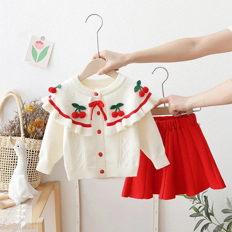 Girls' flying sleeve long sleeve knitted sweater set autumn and winter new girls' two piece dress baby birthday party suit