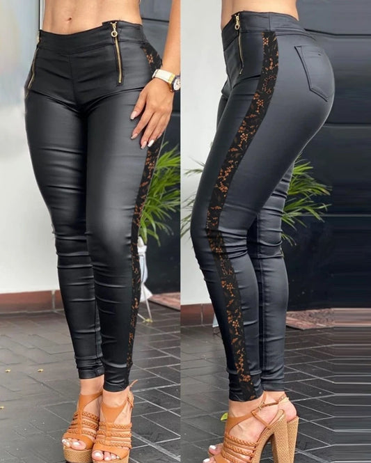 Crochet Lace Patch Zipper Design PU Leather Skinny Pants women pants new trousers high waist elegant Long pants female